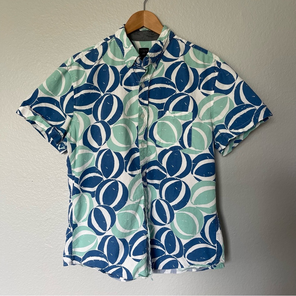 J.Crew Men's Blue and Teal Short Sleeve Button Down Cotton Shirt Size Large